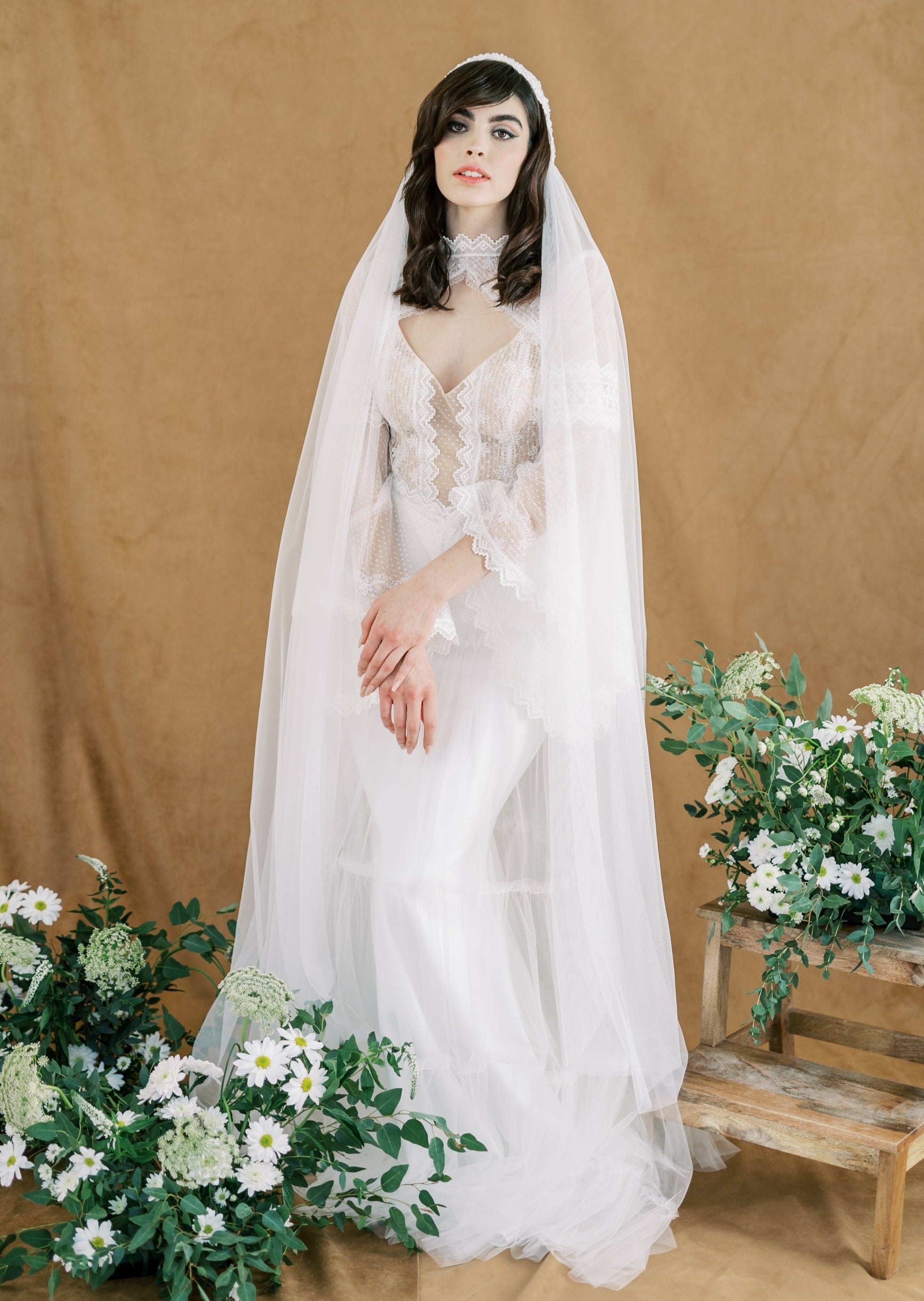 Mantilla lace trimmed veil with headband - Style #709