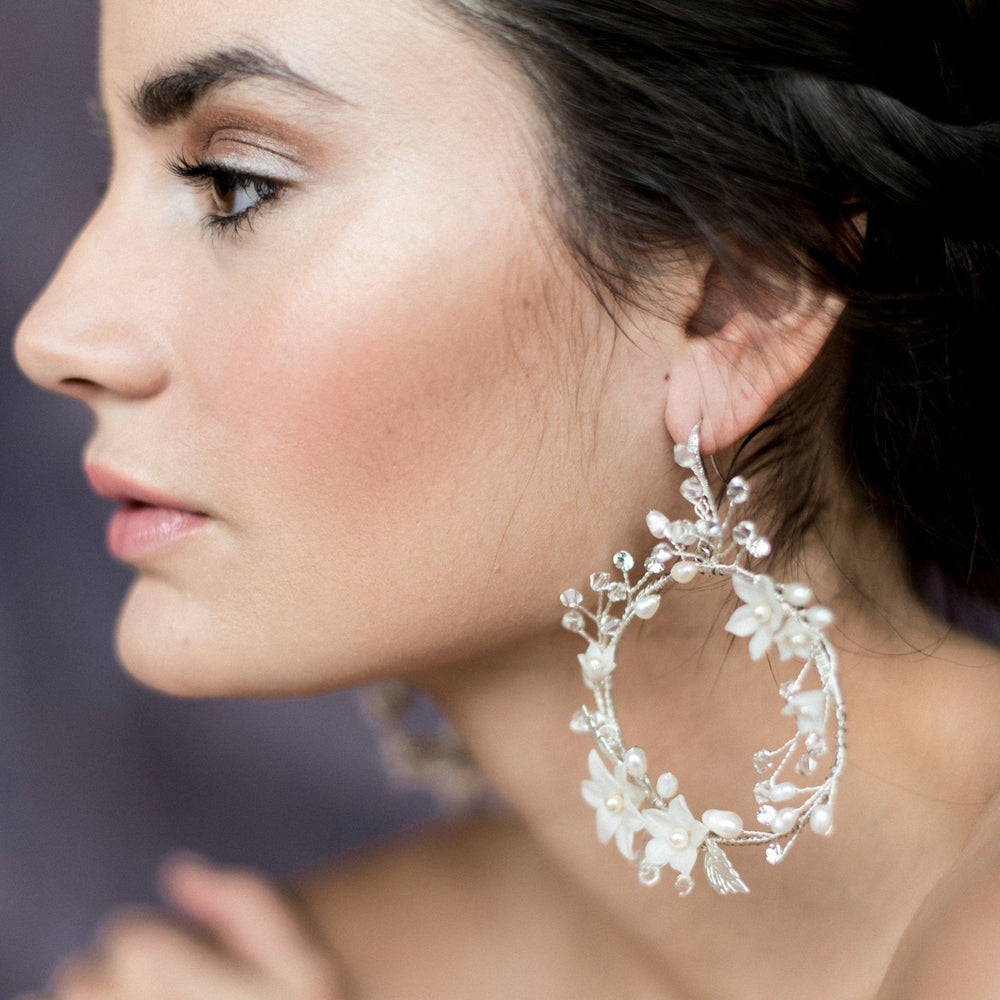 Large Gold Statement Wedding Hoop Earrings, Pearl, Crystal, Flower Bridal  Chandelier Earrings — Edera Jewelry